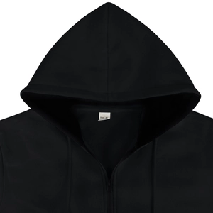 Detail shot of the adjustable drawstring hood and neckline on a black thermal hoodie