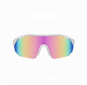 Detail of white sports sunglasses with colorful purple and pink mirrored lenses