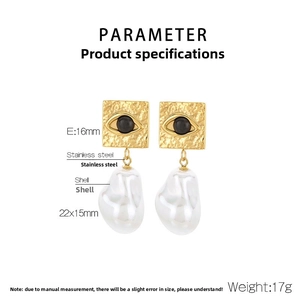 Detailed size chart of stainless steel devil eye earrings with large baroque shell pearls