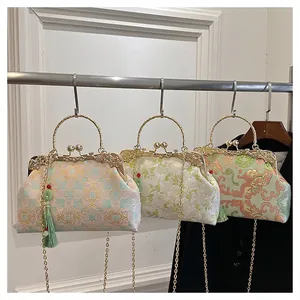 Evening Bag Retro Chinese Style Embroidery Jacquard Satin Clutch With Metal Handle Chain Strap Tassel For Women Party