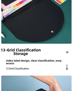 Detail of 13-pocket black expanding file folder with colorful index tabs for organizing
