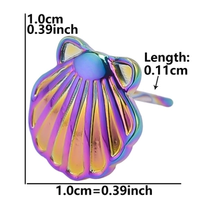 Macro view of 1cm rainbow seashell stud earring showing precise dimensions and texture