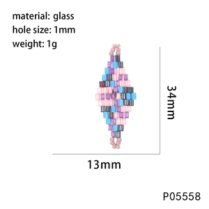 Detail view of handmade mosaic diamond bead charms with 34x13mm size specifications
