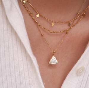 Double-layered 14K gold plated stainless steel necklace with diamond-encrusted triangle pendant