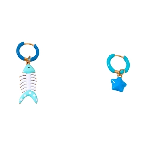 Summer titanium steel gold earrings with blue fishbone and star oil-dripping pendants