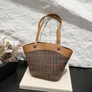 Vintage Houndstooth Bucket Bag PU Leather Splicing Large Capacity Contrast Color Shoulder Tote For Women Casual Elegant