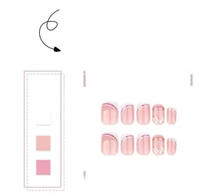 Detailed view of 10pcs pink gradient press-on nails with white leaf nail art and glitter