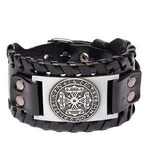 Bracelet pour homme en cuir noir large avec bords tressés et plaque nœud celtique