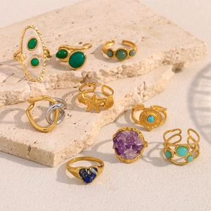 Vintage 18K gold plated stainless steel rings featuring starfish and colorful gemstone accents