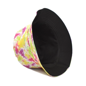 Detail view of colorful tie-dye bucket hat with double-sided black lining and stitched brim