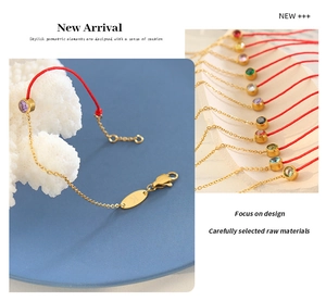Detailed macro view of 18K gold plated red rope bracelet with various gemstone colors
