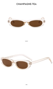 Detail view of champagne oval sunglasses showing front and side profiles in high clarity