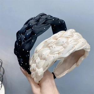 Braided satin headbands in black and cream with sparkling rhinestones for women