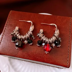 Vintage C-Shaped Hoop Tassel Earrings For Women Glass Beads Metal Wire Wrap And 925 Sterling Silver Earring Post
