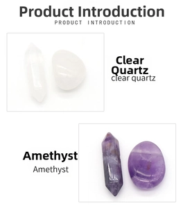 Detail of natural clear quartz and amethyst hexagonal pillars with matching tumbled stones
