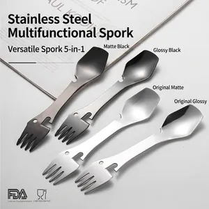 5-in-1 stainless steel spork with bottle opener and carabiner for outdoor camping