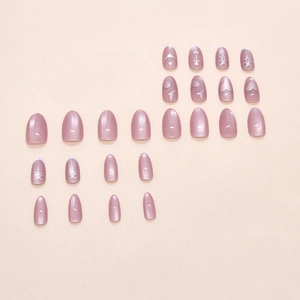 Pink purple cat eye press on nails with elegant heart and bow patterns in almond shape
