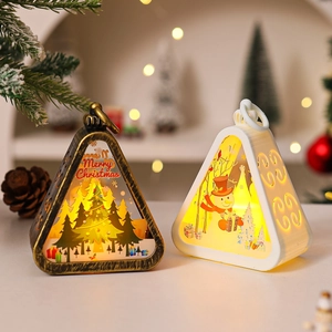 Detail of Christmas lantern with warm glow and Merry Christmas print on festive background
