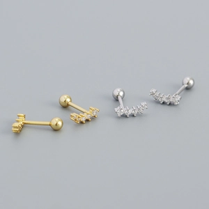 Geometric Curved Zircon Stud Earrings S925 Sterling Silver Screw Ball Back Minimalist Piercing Jewelry Women