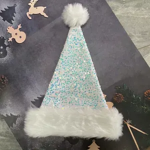 Detailed view of white Christmas hat featuring iridescent sequins and soft plush trim