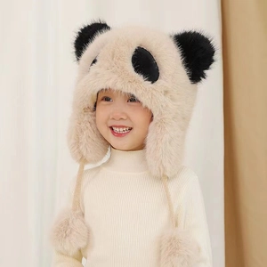 Cute panda plush trapper hat for kids with earflaps and warm beige faux fur texture