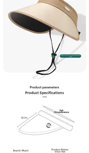 Detailed view of beige sun visor with UPF 50+ coating and adjustable black wind cord