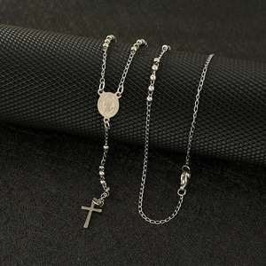 Silver stainless steel religious necklace with crucifix and Saint Benedict medal pendant