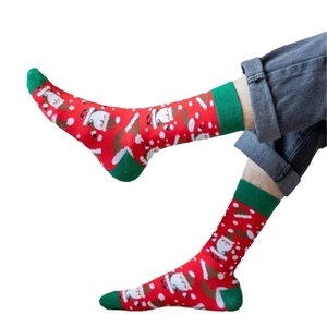 Adult Christmas cotton socks featuring red Santa Claus pattern and green accents