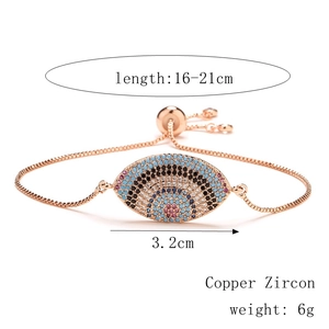 Detail of rose gold evil eye bracelet with colorful zircons and adjustable chain length