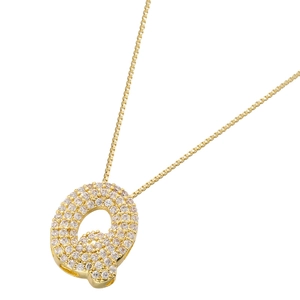 Detailed macro view of gold-plated letter Q pendant encrusted with sparkling cubic zirconia