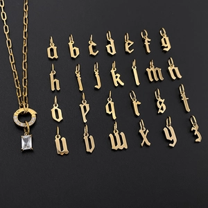 Detailed view of Gothic initial pendants and rhinestone necklace set in gold finish