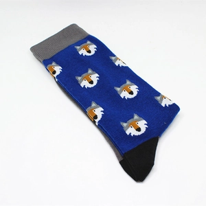 Navy blue crew socks with pixelated wolf patterns and grey ribbed cuffs for casual wear