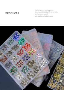 Detailed close-up of 24-grid nail art kit with assorted rhinestones and metal charms