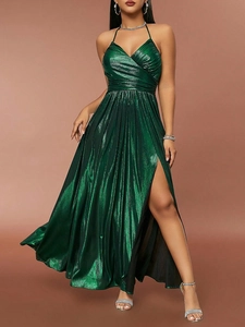 Sexy emerald green halter maxi dress with pleated details and high side slit