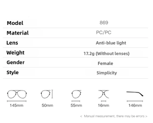 Detailed size specifications for cat-eye anti-blue light glasses frame including dimensions