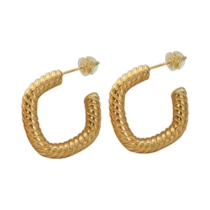 Minimalist square geometric hoop earrings with twisted gold texture and silicone backs