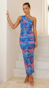Detailed view of the blue and pink floral print and ruching on this slim fit maxi dress