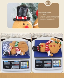 Detail of gingerbread plush doll showing the faux leather hat and product weight scale