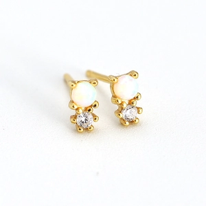 Minimalist S925 silver gold-plated opal stud earrings with geometric zircon accents
