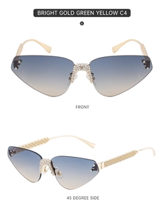 Détail de lunettes de soleil œil-de-chat sans monture avec strass et branches en métal