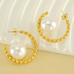 Elegant 18k gold plated titanium steel pearl hoop earrings with textured twist design