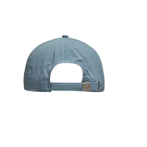 Detail view of blue breathable baseball cap back with adjustable strap and metal buckle