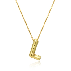 Close-up of 18K gold plated letter L pendant necklace with fine chain on white background