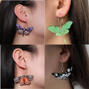 Colorful acrylic butterfly and moth drop earrings featuring skull moon patterns for women