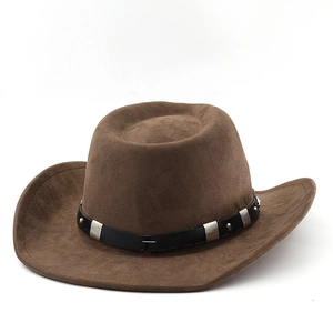 Detail of brown faux suede cowboy hat with black leather band and silver metal studs