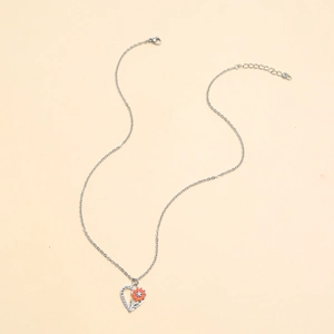 Silver heart necklace with orange sunflower pendant and adjustable lobster clasp