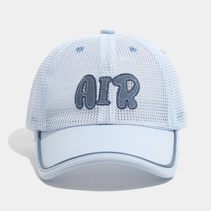 Detail of light blue mesh baseball cap featuring AIR 3D embroidery and breathable fabric