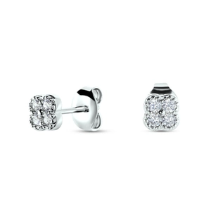 Detail of silver clover stud earrings featuring sparkling round cubic zirconia petals