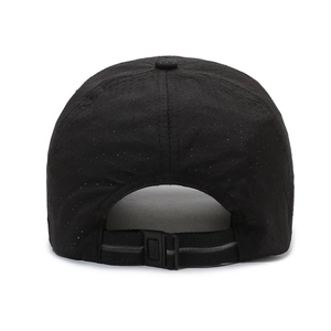 Rear view of black breathable quick-dry baseball cap with adjustable buckle and reflective strap