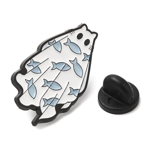 Cute white ghost cat enamel pin with blue fish patterns and black metal borders
